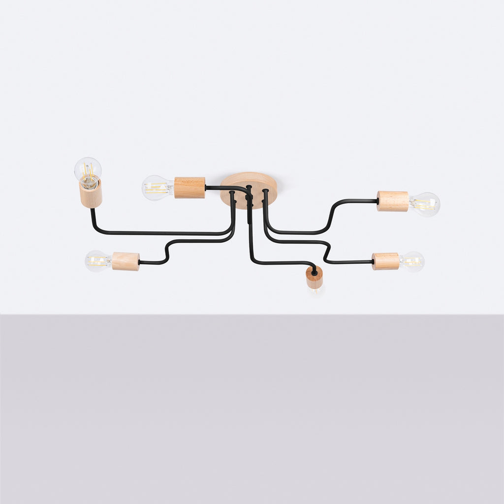 Lustre Timbo 6 bois et métal noir E27 de profil