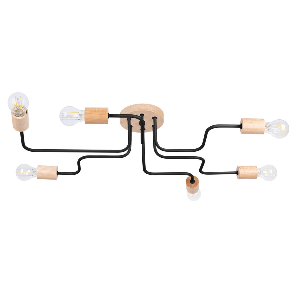 Lustre Timbo 6 bois et métal noir E27, rosace bois et bras d'acier coudés