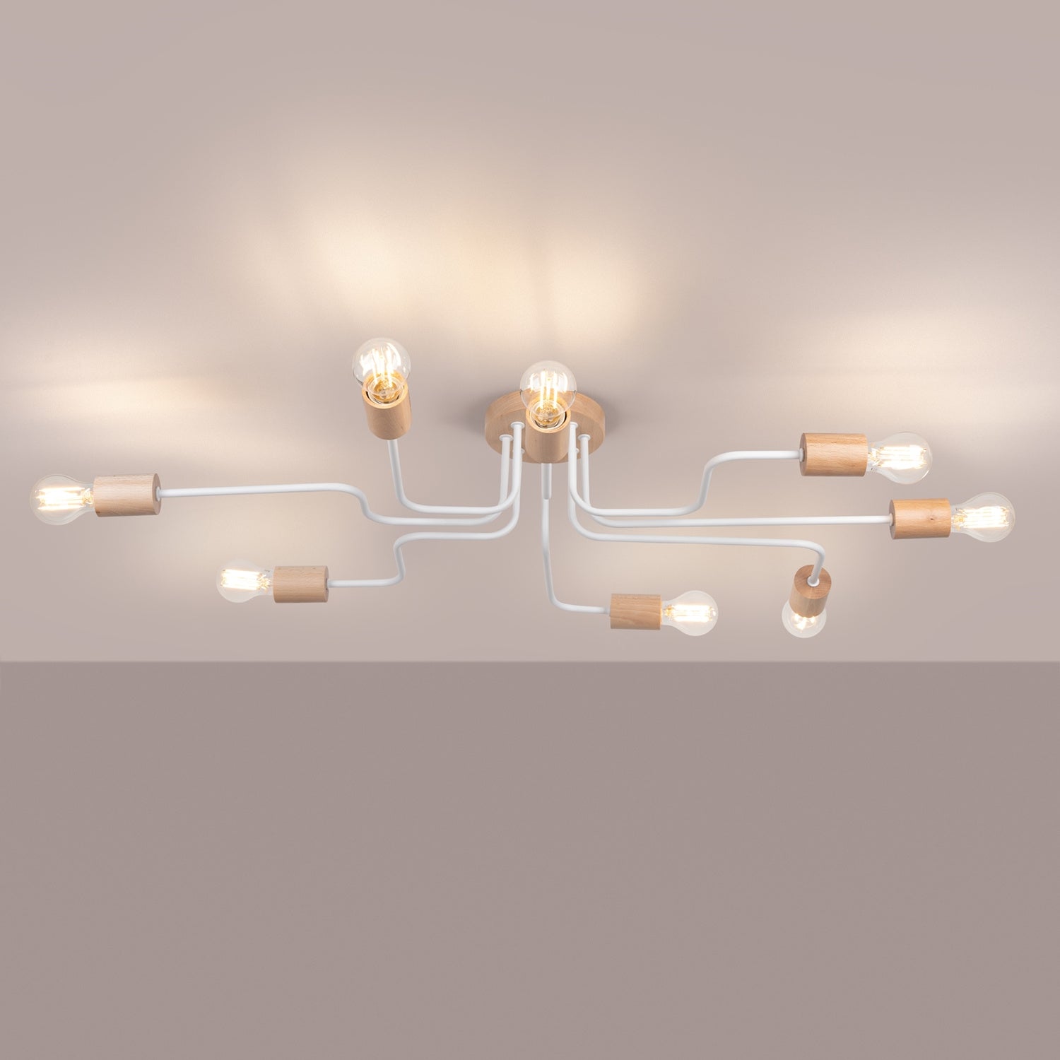 Lustre Timbo 8 bois et métal blanc E27 allumé