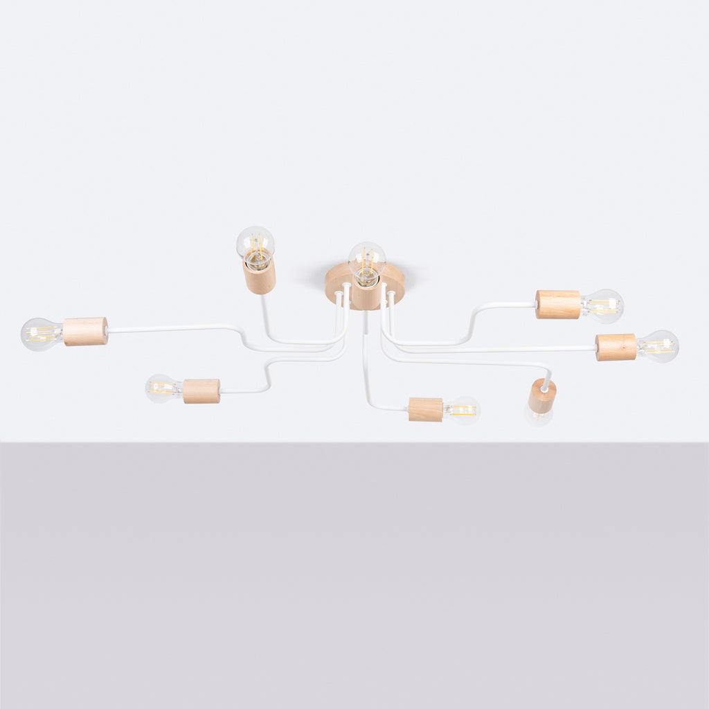 Lustre Timbo 8 bois et métal blanc E27 de profil