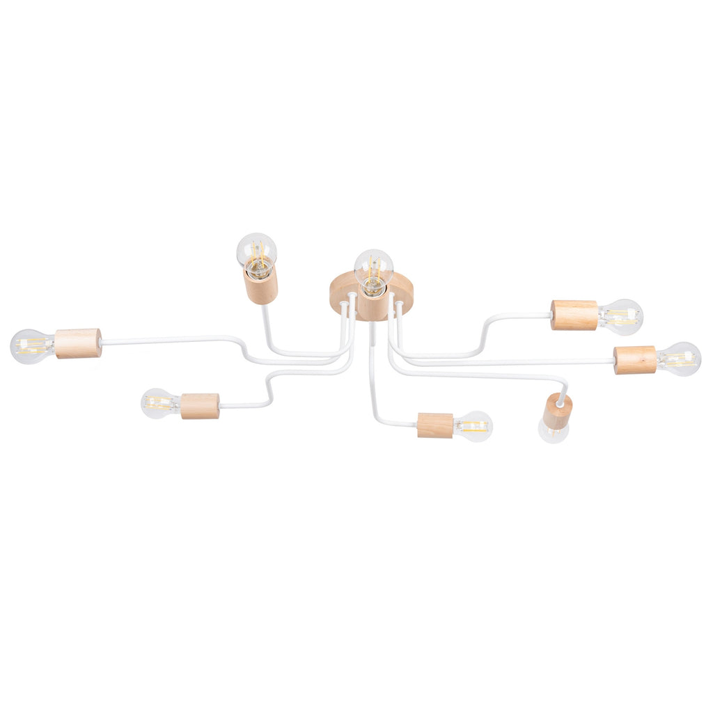 Lustre Timbo 8 bois et métal blanc E27, rosace bois et bras d'acier coudés