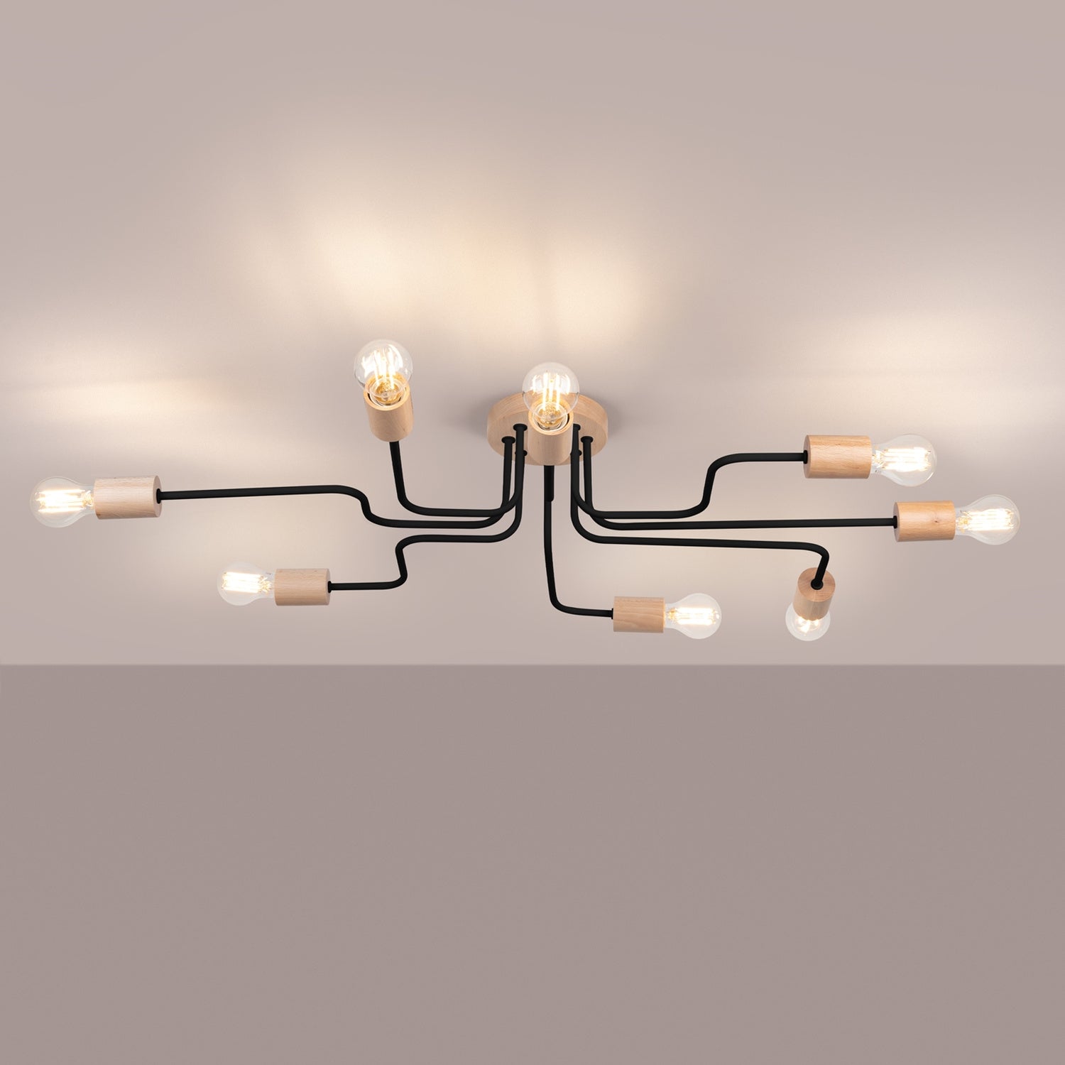 Lustre Timbo 8 bois et métal noir E27 allumé
