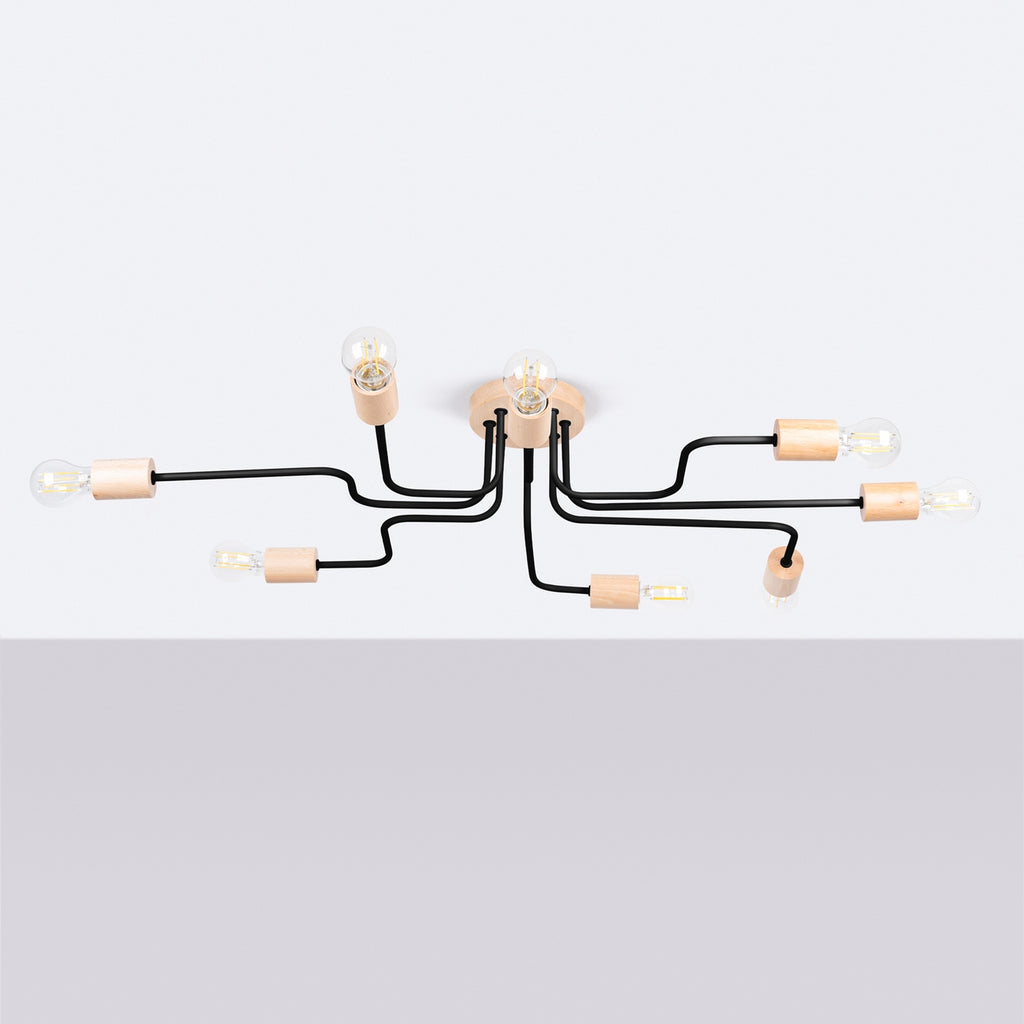 Lustre Timbo 8 bois et métal noir E27 de profil