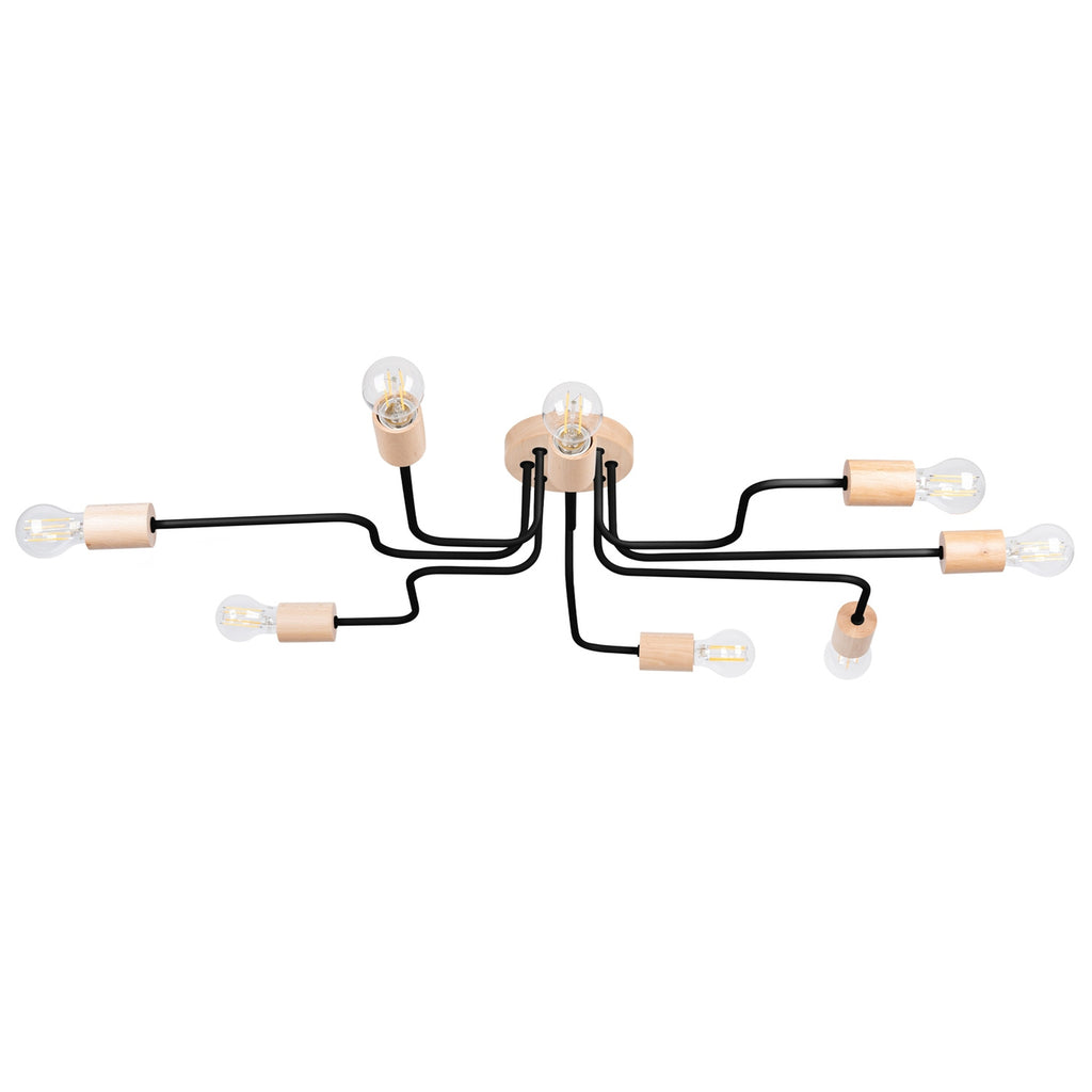 Lustre Timbo 8 bois et métal noir E27, rosace bois et bras d'acier coudés