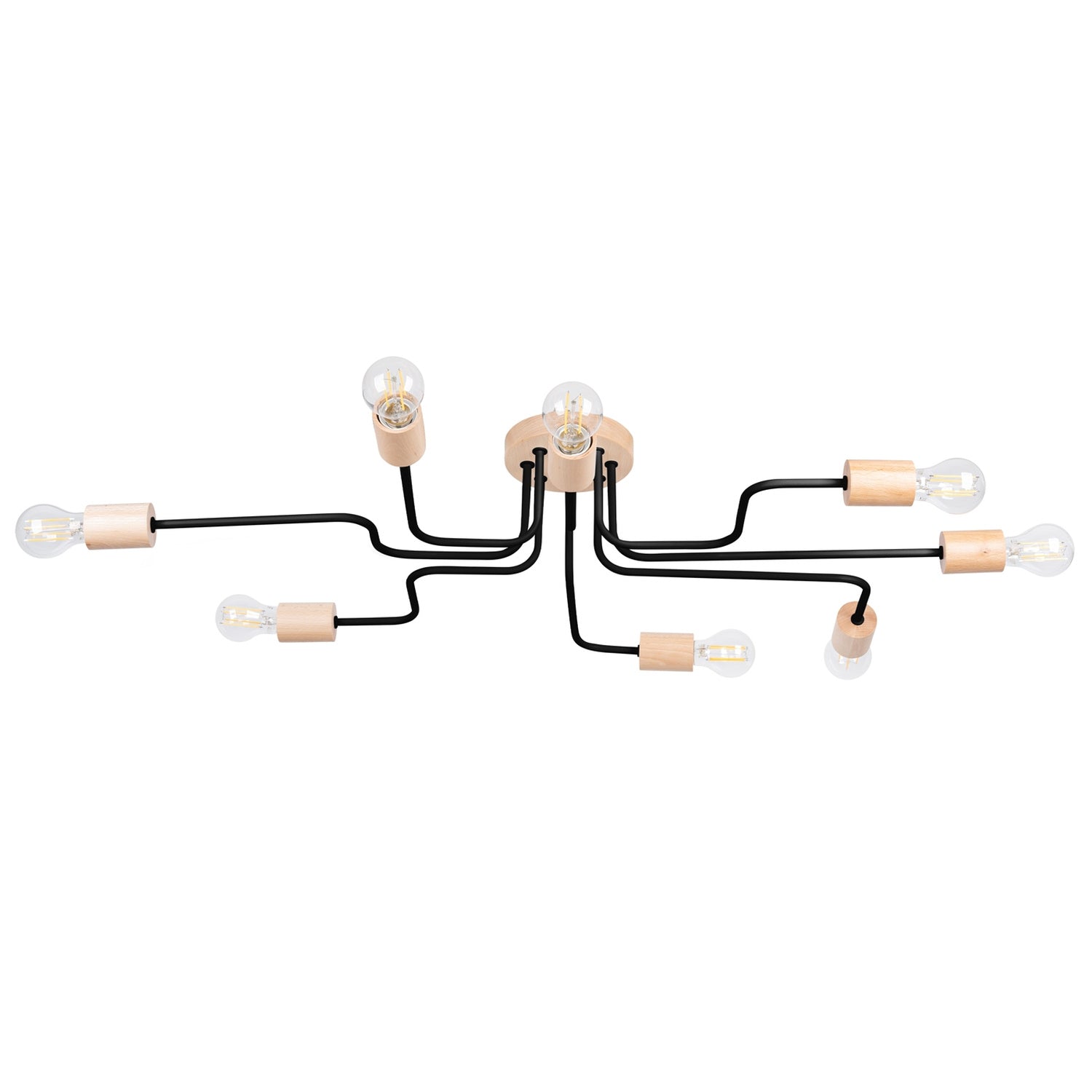 Lustre Timbo 8 bois et métal noir E27, rosace bois et bras d'acier coudés