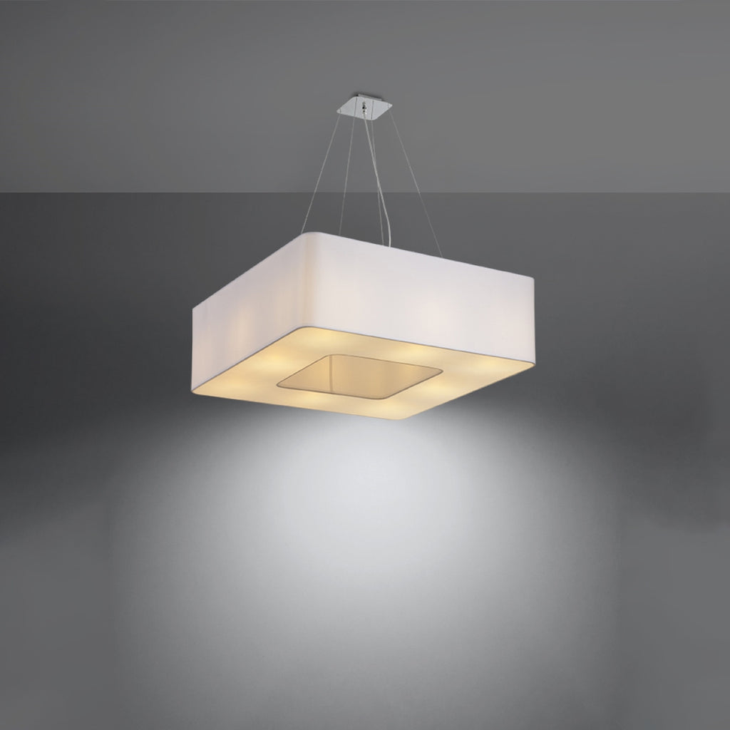 Lustre Urano 60 en tissu blanc allumé, lumière diffusée vers le bas