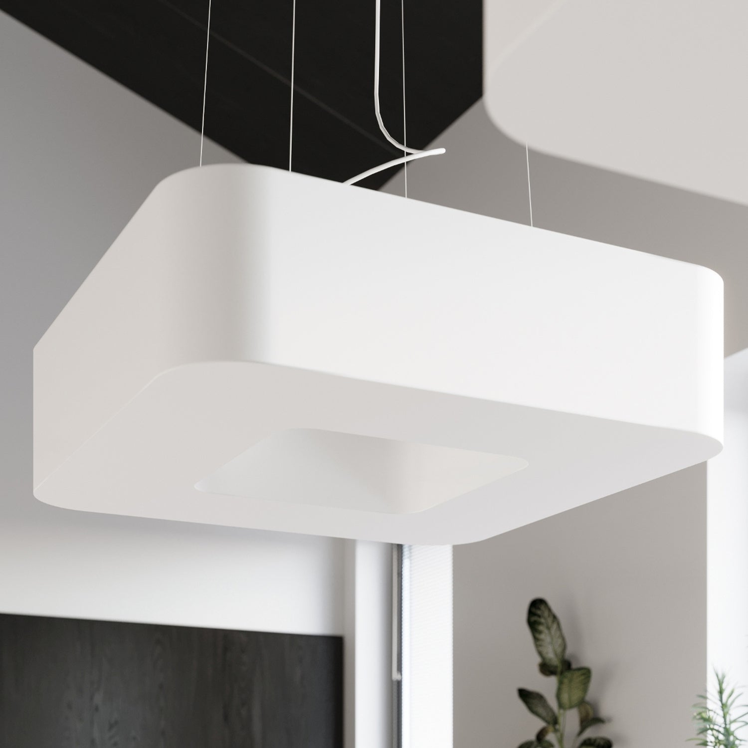 Lustre Urano 60 en tissu blanc dans une grande pièce de vie