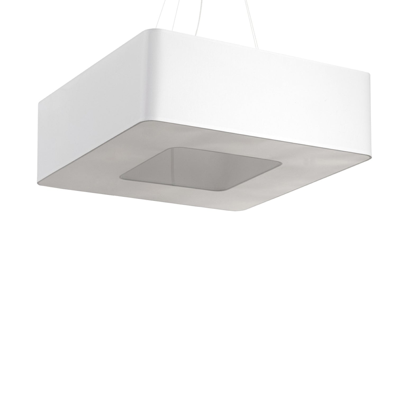 Lustre Urano 60 en tissu blanc, grand abat-jour carré suspendu, vue de face