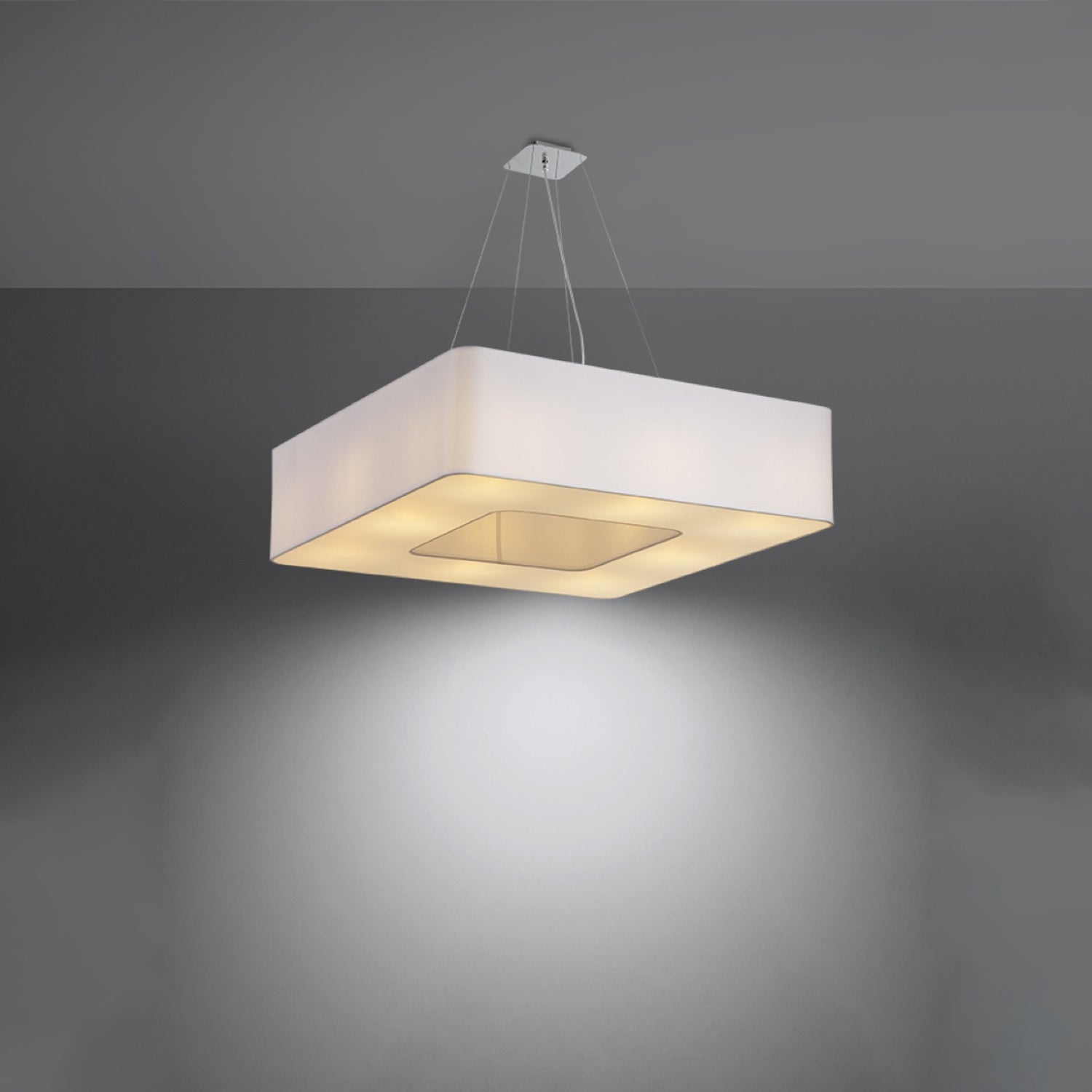 Lustre Urano 80 en tissu blanc allumé, lumière diffusée vers le bas