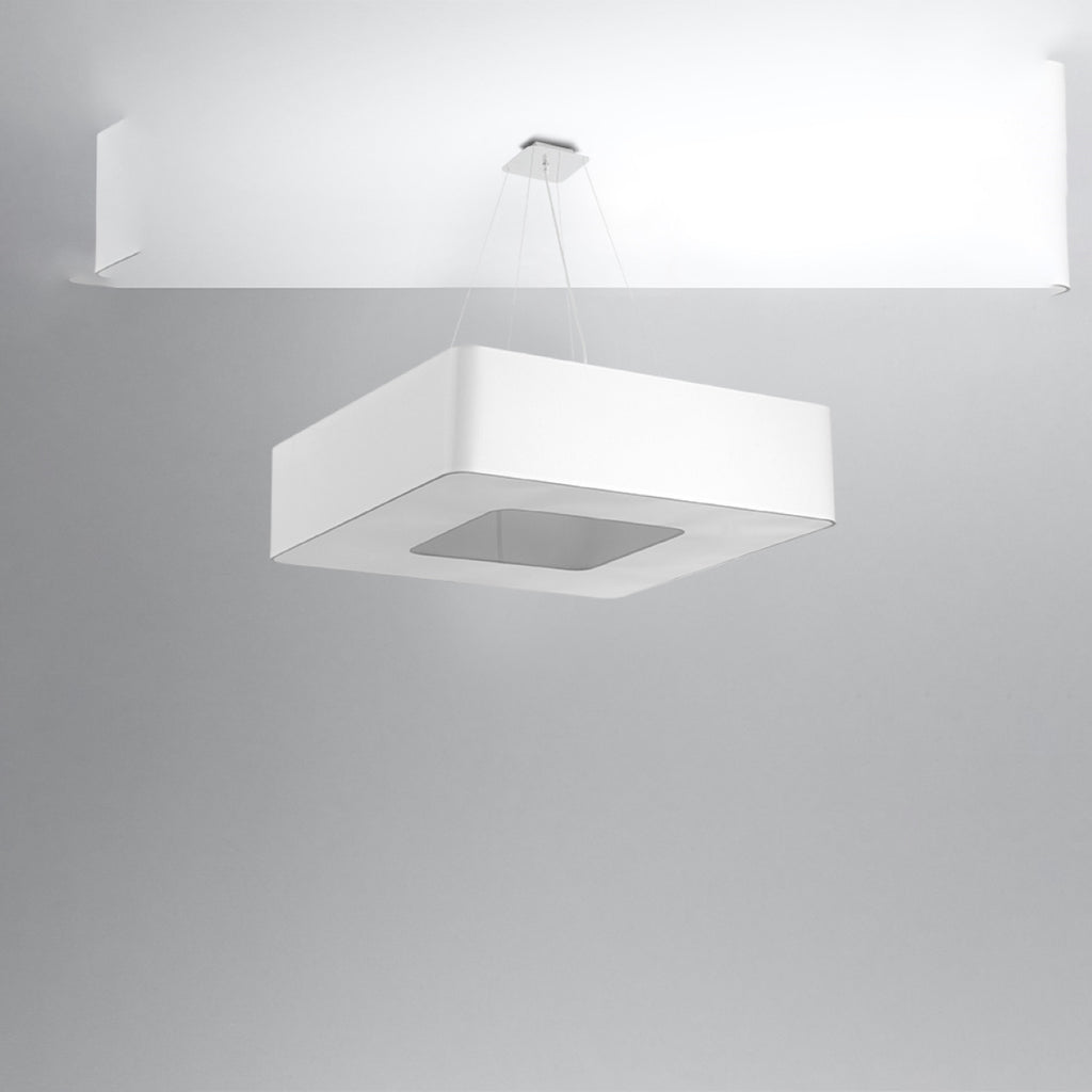 Lustre Urano 80 en tissu blanc, vue du diffuseur carré en verre dépoli