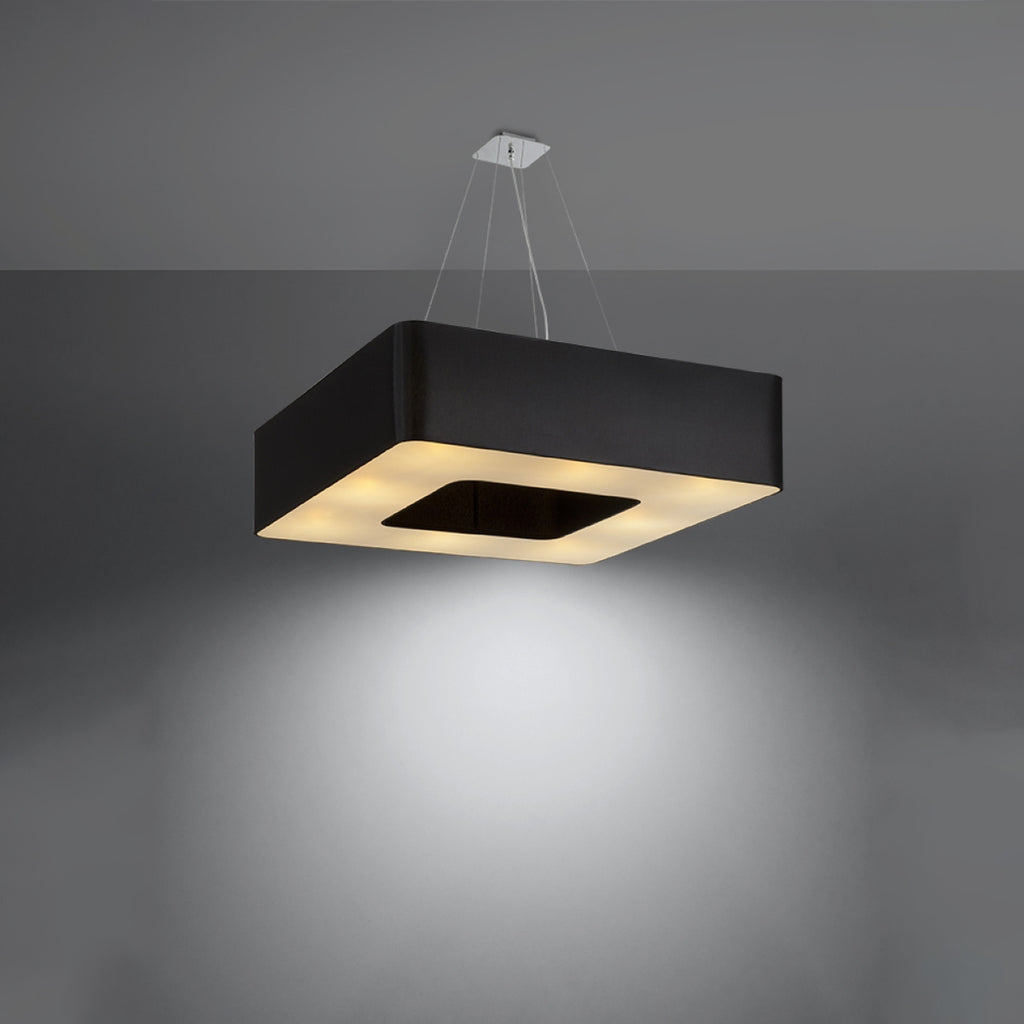 Lustre Urano 80 en tissu noir allumé, lumière diffusée vers le bas