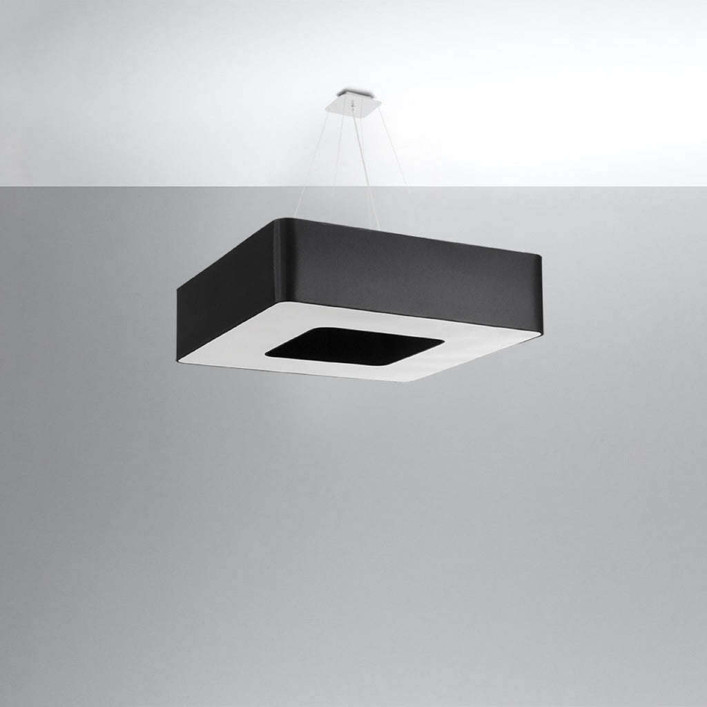Lustre Urano 80 en tissu noir, vue du diffuseur carré en verre dépoli