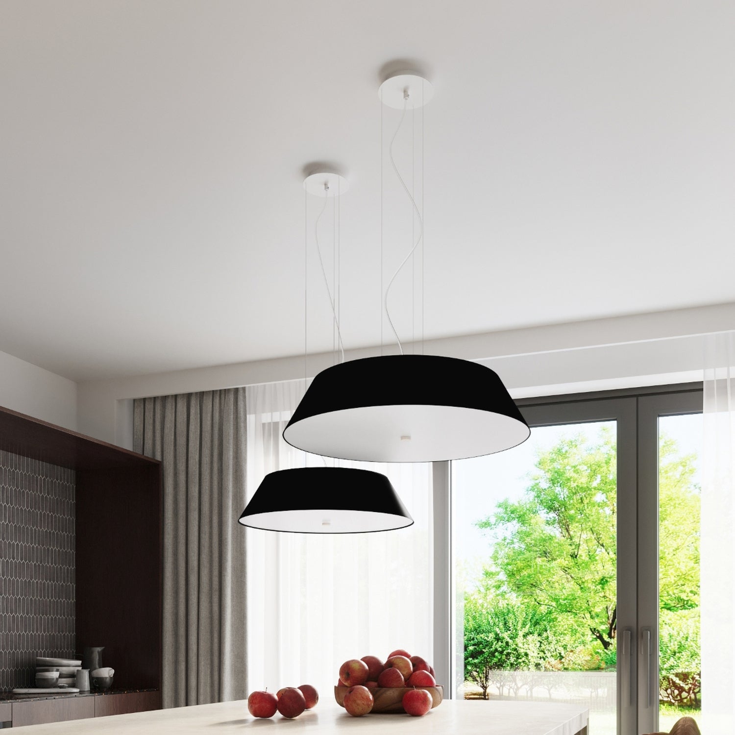 Lustre Vega 60 en tissu noir dans un séjour contemporain