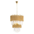 Lustre Vogue couronne de tubes en métal doré et pampilles de verre facetté sur plusieurs rangs