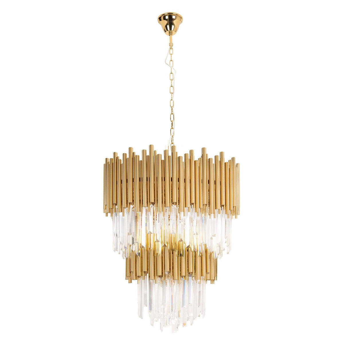 Lustre Vogue couronne de tubes en métal doré et pampilles de verre facetté sur plusieurs rangs