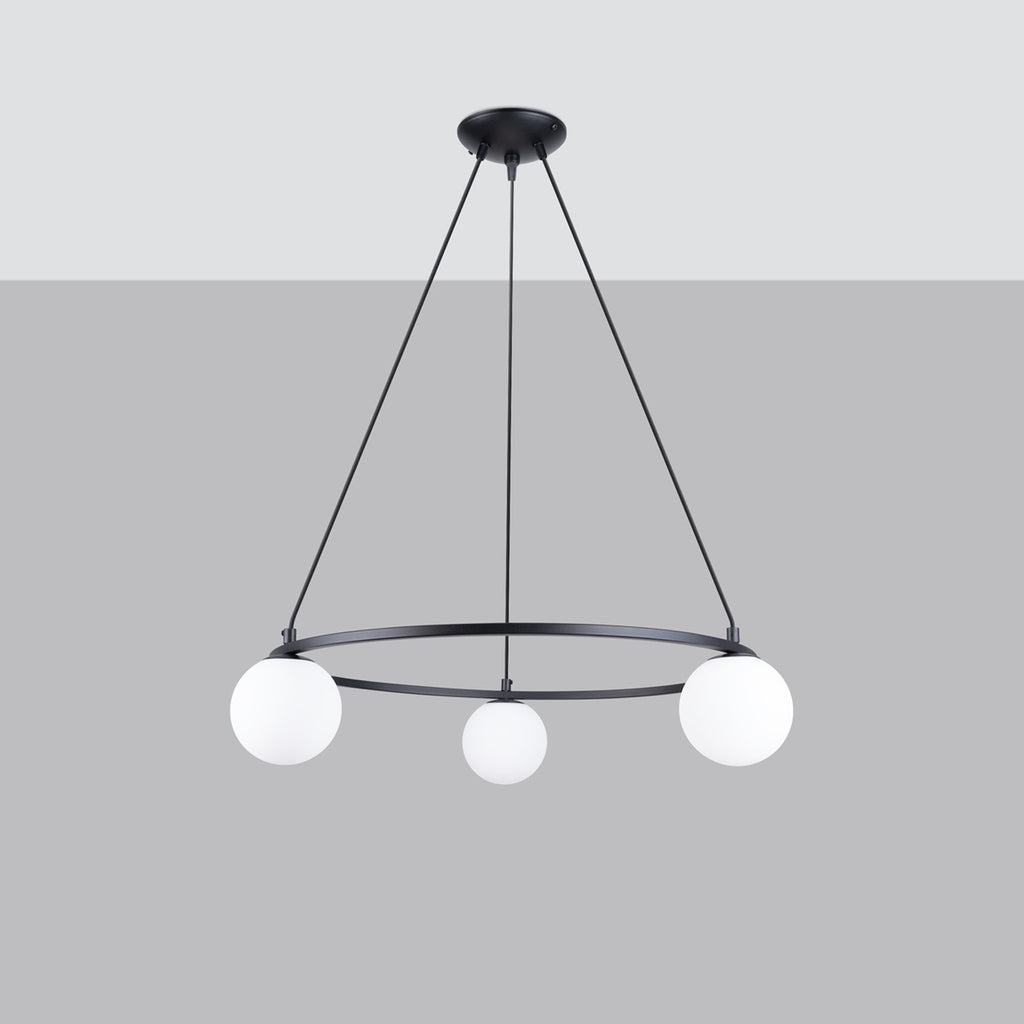 Lustre Yoli 3 anneau boules opale acier noir G9 de profil