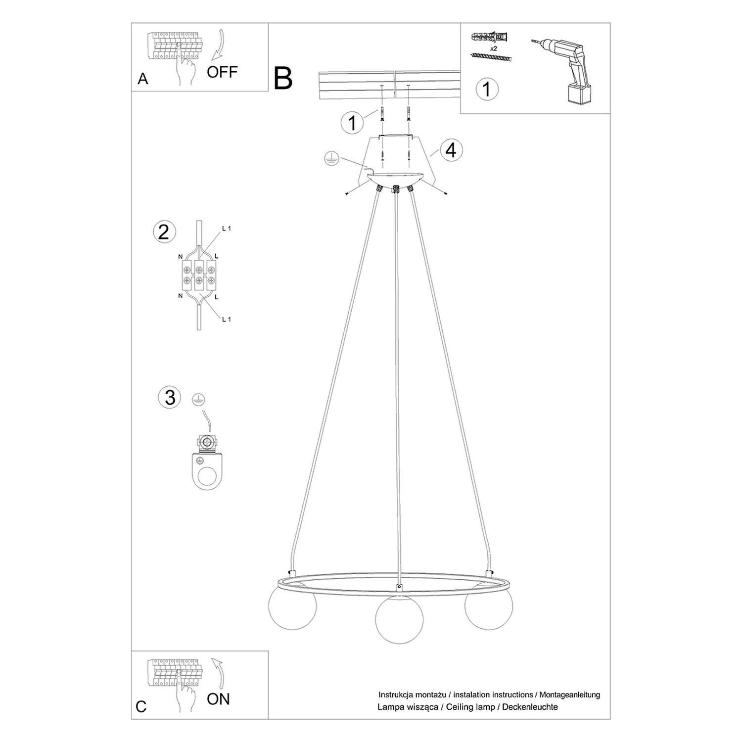 Notice de montage du Lustre Yoli 3 anneau boules opale acier noir G9