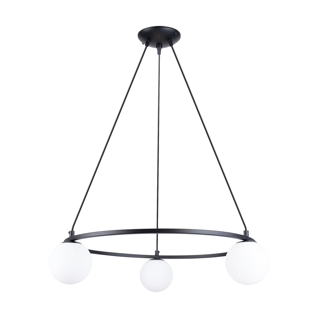 Lustre Yoli 3 anneau boules opale acier noir G9, trois boules de verre opale blanc sur un anneau d'acier noir suspendu
