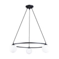 Lustre Yoli 3 anneau boules opale acier noir G9, trois boules de verre opale blanc sur un anneau d'acier noir suspendu