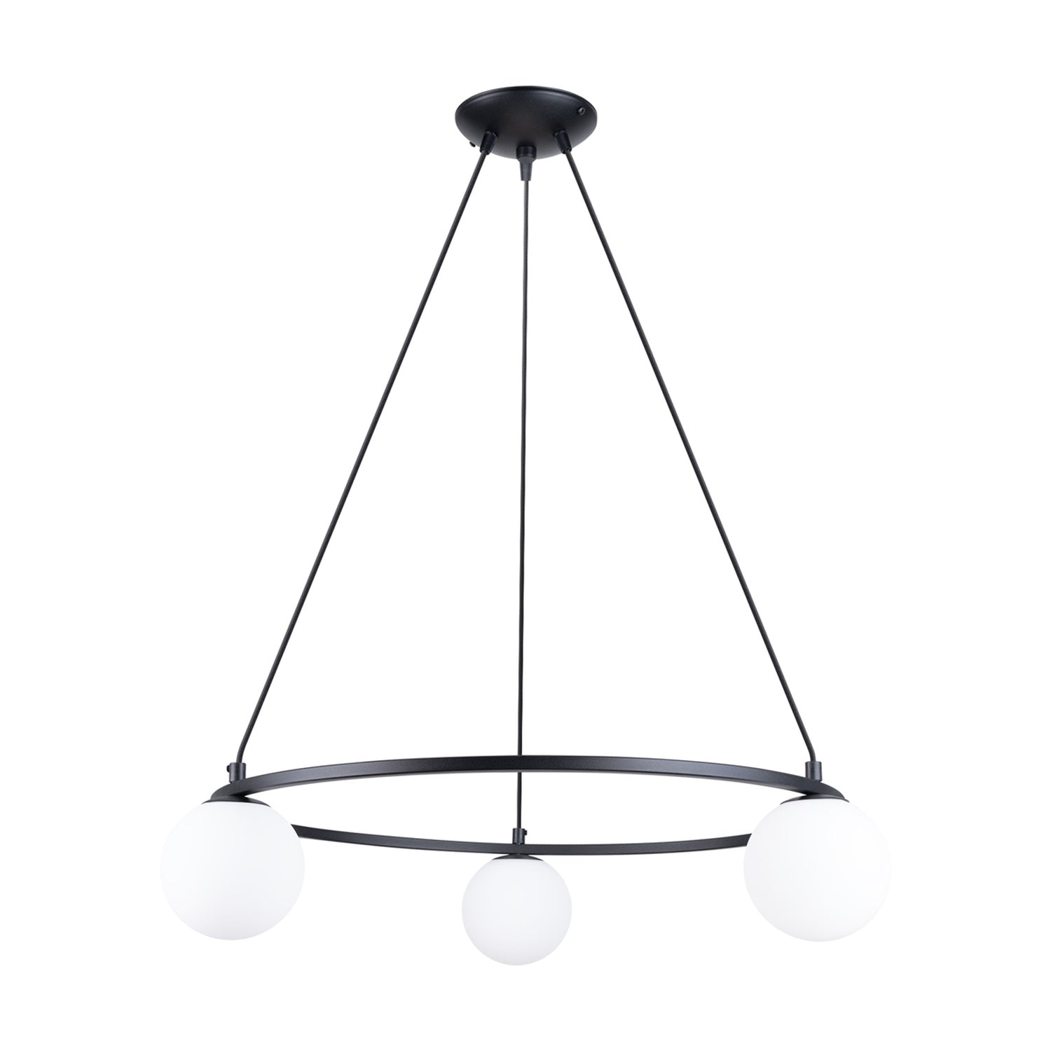 Lustre Yoli 3 anneau boules opale acier noir G9, trois boules de verre opale blanc sur un anneau d'acier noir suspendu
