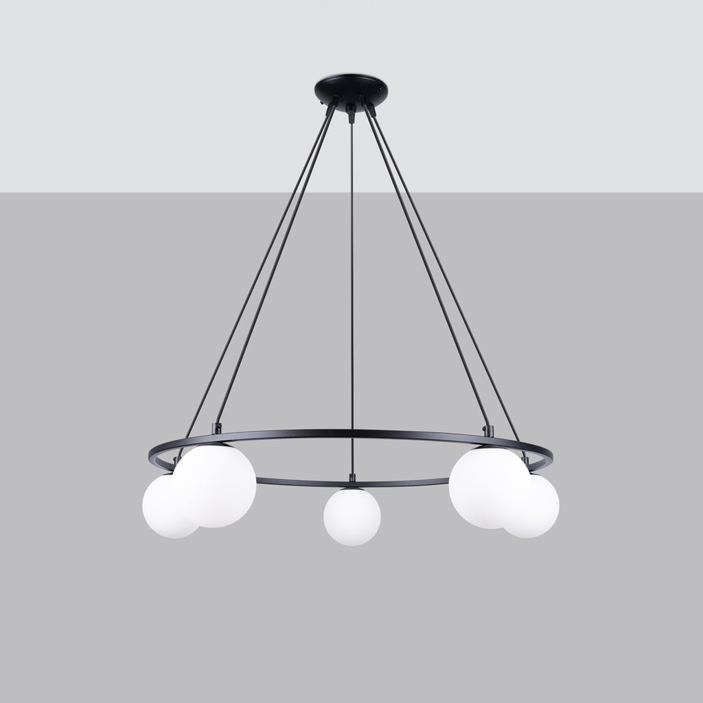 Lustre Yoli 5 anneau boules opale acier noir G9 de profil
