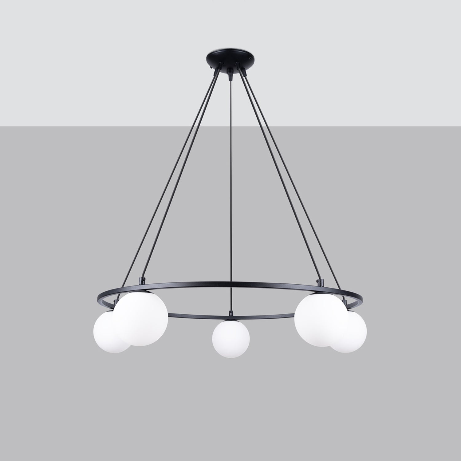 Lustre Yoli 5 anneau boules opale acier noir G9 de profil