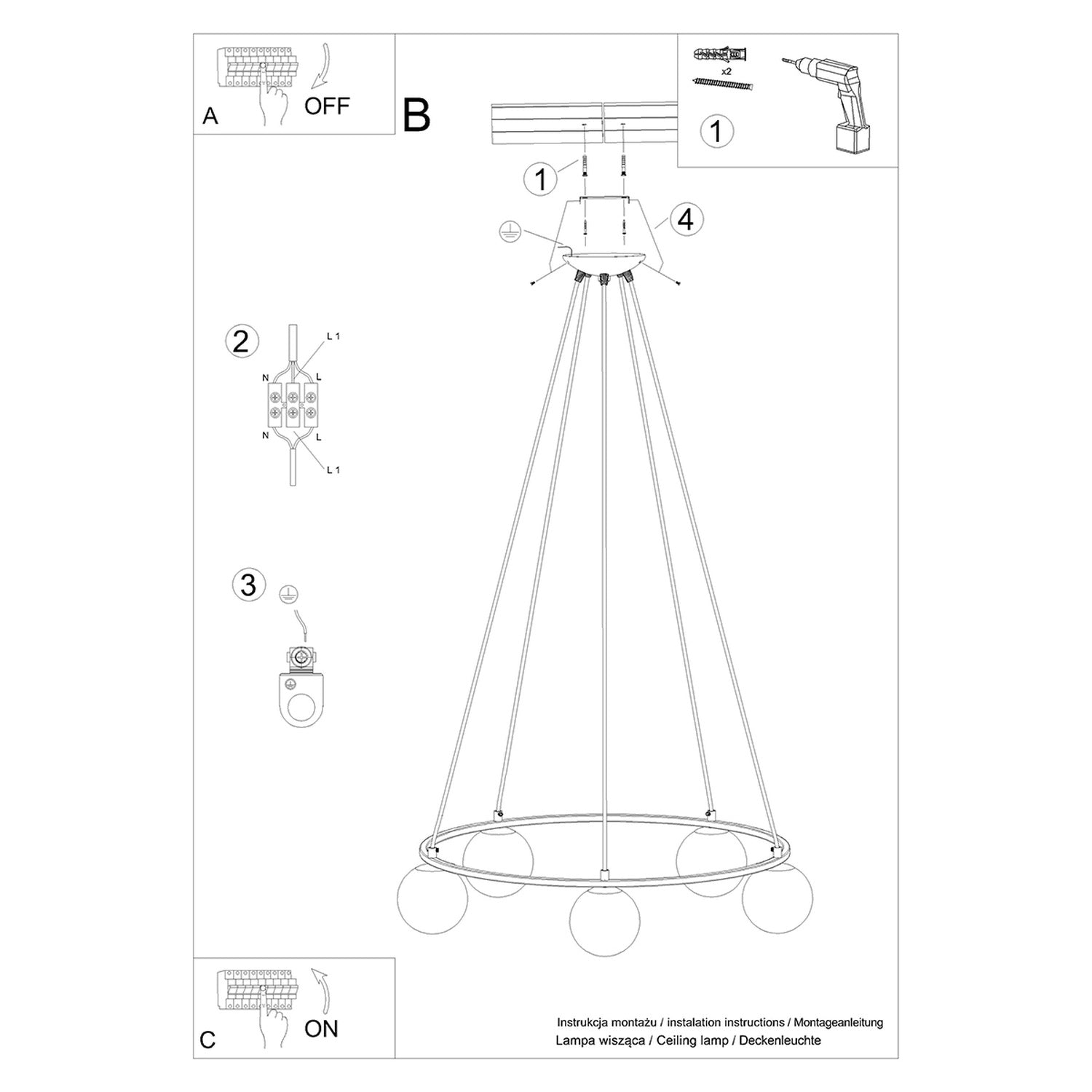 Notice de montage du Lustre Yoli 5 anneau boules opale acier noir G9