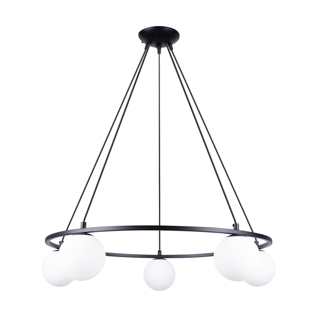 Lustre Yoli 5 anneau boules opale acier noir G9, cinq boules de verre opale blanc sur un anneau d'acier noir suspendu