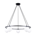 Lustre Yoli 5 anneau boules opale acier noir G9, cinq boules de verre opale blanc sur un anneau d'acier noir suspendu