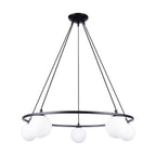Lustre Yoli 5 anneau boules opale acier noir G9, cinq boules de verre opale blanc sur un anneau d'acier noir suspendu