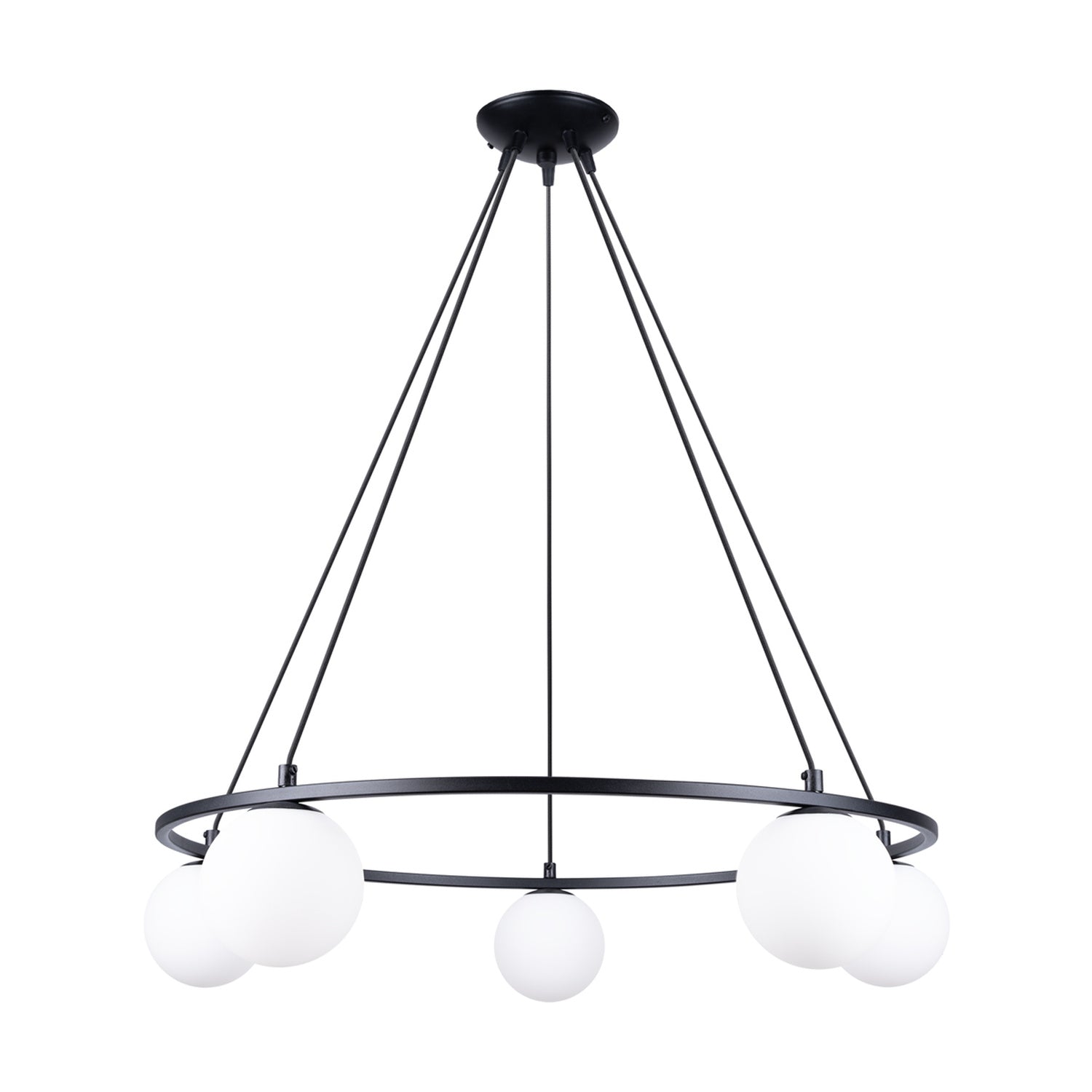 Lustre Yoli 5 anneau boules opale acier noir G9, cinq boules de verre opale blanc sur un anneau d'acier noir suspendu