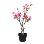Magnolia artificiel rose fuchsia 75 cm en pot noir grandes fleurs étoilees et boutons sur tiges brunes
