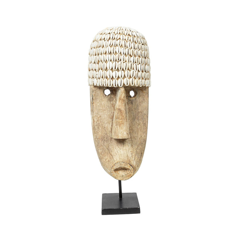 Dimensions Masque Cowrie en bois et cauris sur socle 50 cm