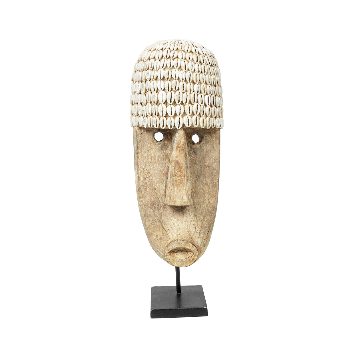 Masque Cowrie en bois et cauris sur socle 50 cm