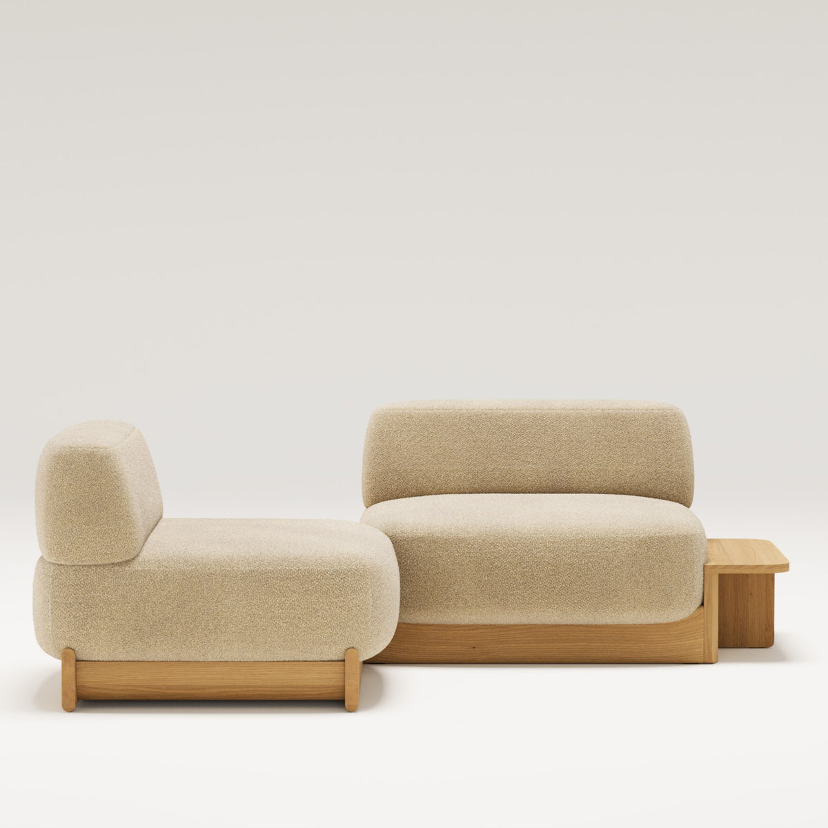 Méridienne Dome en chêne et tissu beige avec une chauffeuse et une table latérale Dome