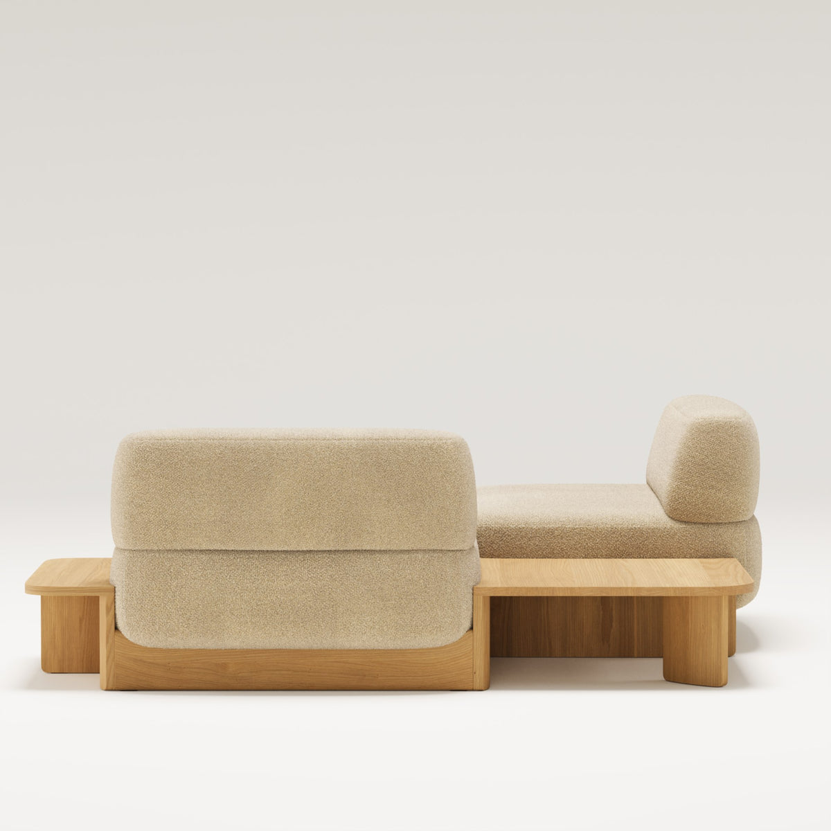 Méridienne Dome en chêne et tissu beige dans une composition, vue de dos