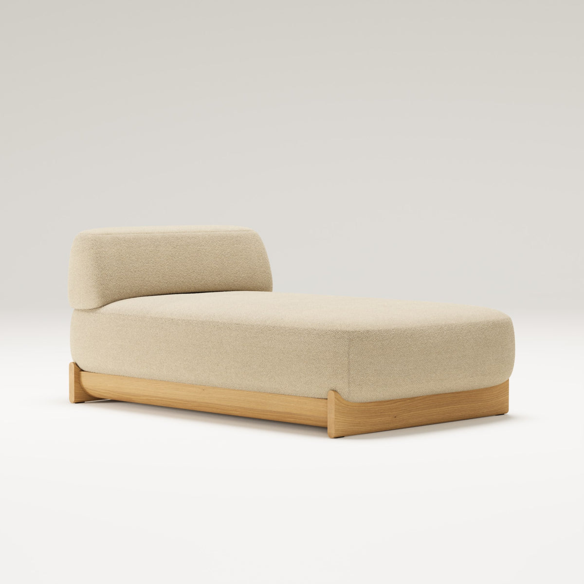 Méridienne Dome en chêne et tissu beige vue de trois quarts