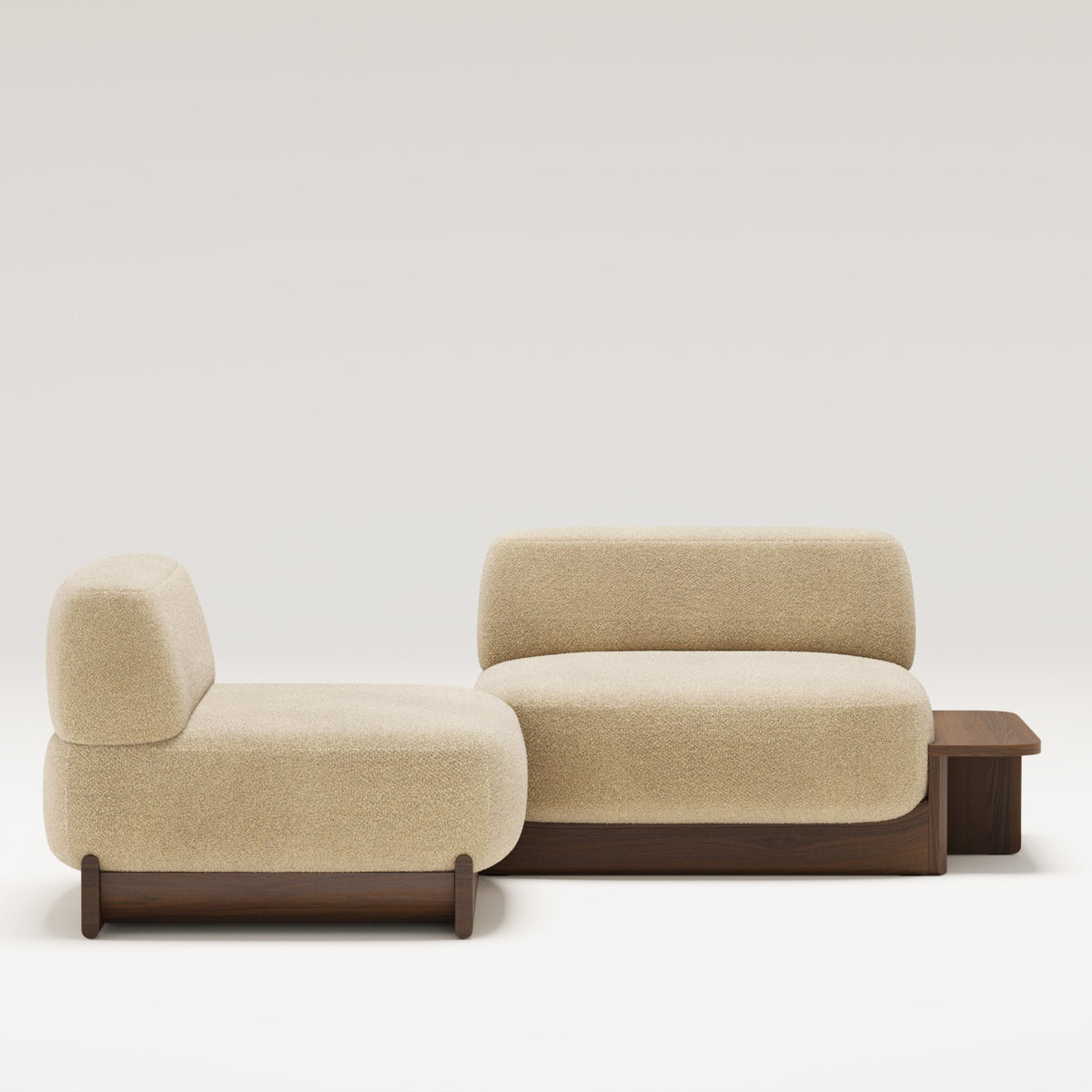 Méridienne Dome en noyer et tissu beige avec une chauffeuse et une table latérale Dome