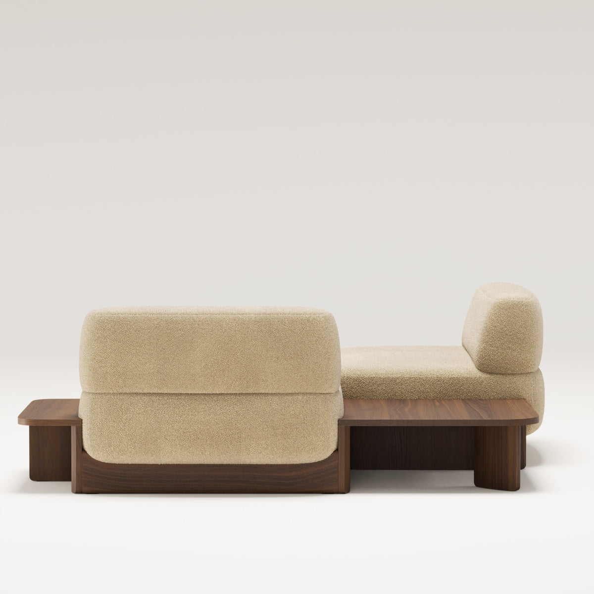 Méridienne Dome en noyer et tissu beige dans une composition, vue de dos