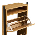 Détail de la niche ouverte et d'un abattant basculé du meuble à chaussures Barco décor chêne