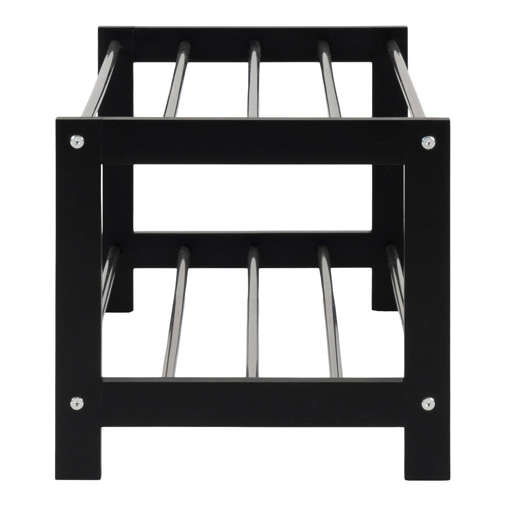 Détail côté meuble chaussures Padova structure bois noir barreaux acier visserie chromée