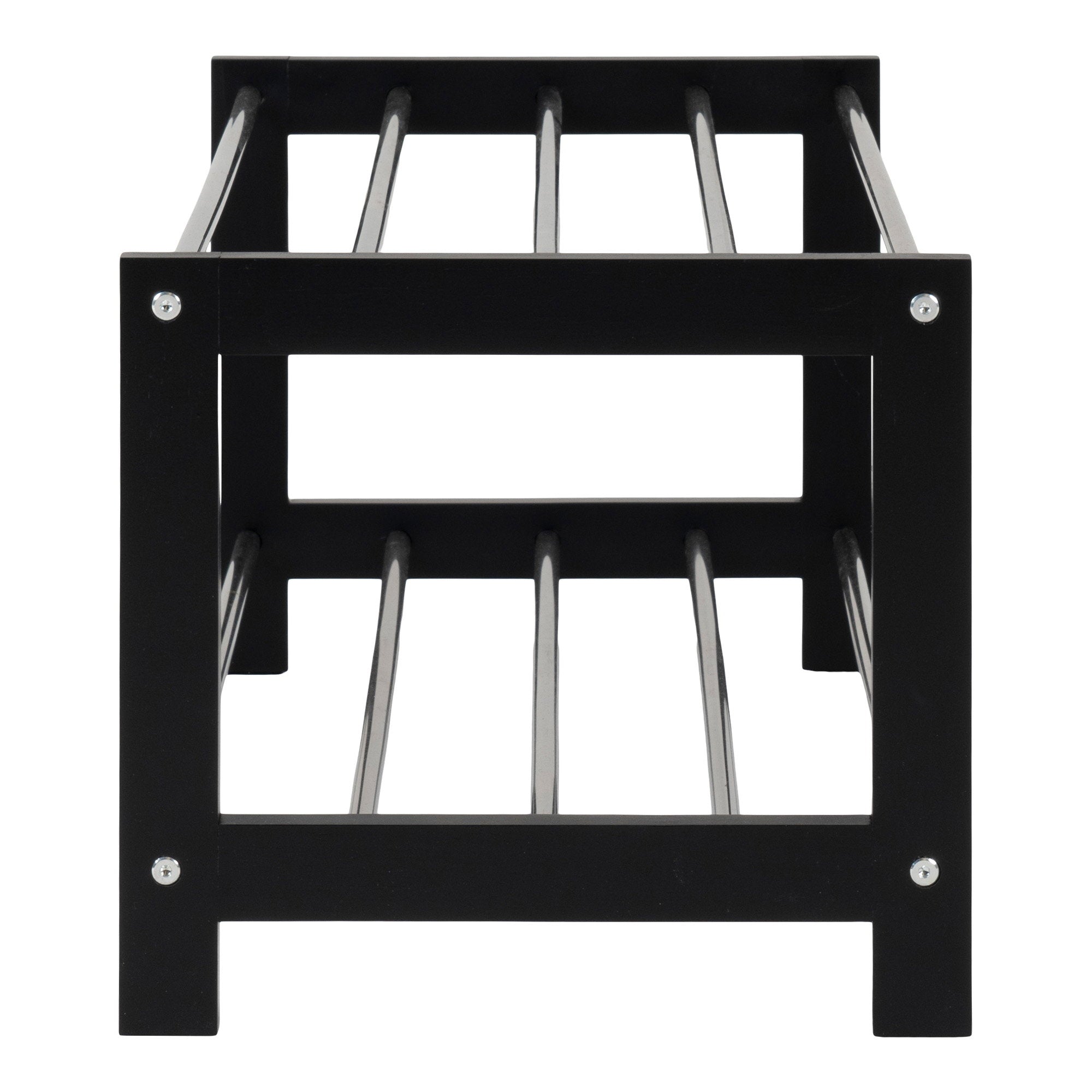 Détail côté meuble chaussures Padova structure bois noir barreaux acier visserie chromée