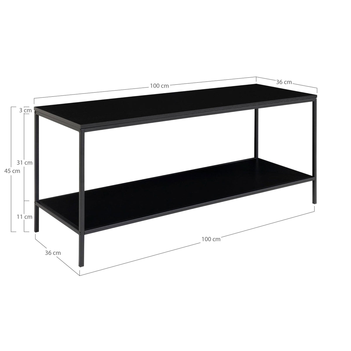 Schéma coté du meuble TV Vita largeur 100 cm profondeur 36 cm hauteur 45 cm tablette basse à 11 cm du sol
