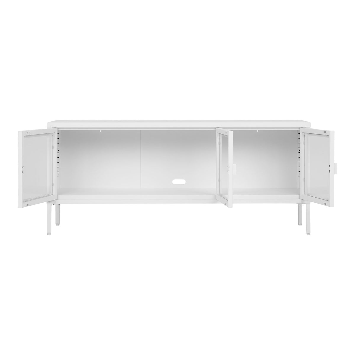 Meuble TV Brisbane métal blanc portes ouvertes intérieur sans cloison et passe-câble au fond