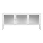 Meuble TV Brisbane acier blanc 3 portes vitrées 130x55 cm vue de face