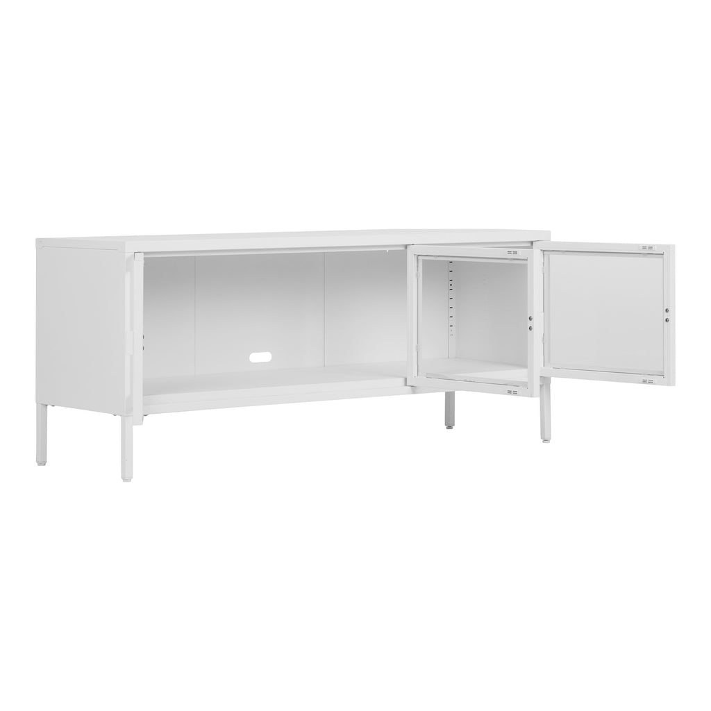 Meuble TV Brisbane blanc porte ouverte détail compartiment réglable