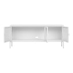 Meuble TV Brisbane acier blanc 3 portes ouvertes intérieur passe-câble