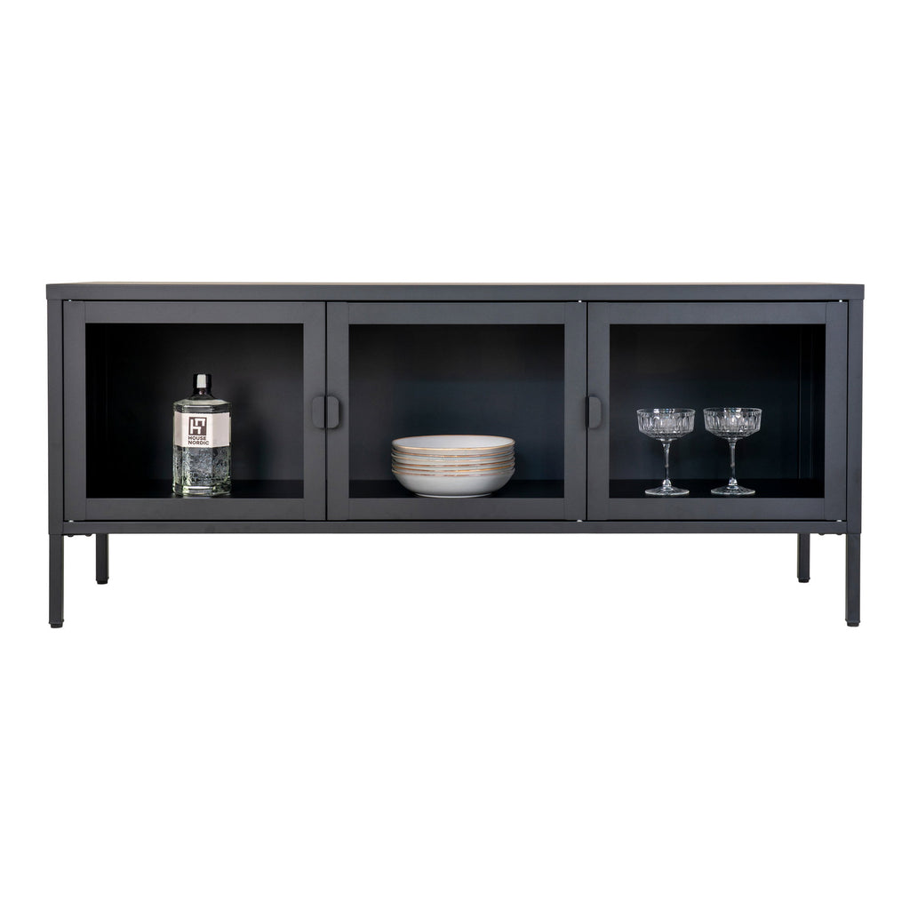 Meuble TV Brisbane noir 3 portes vitrées styled vaisselle verres vue face