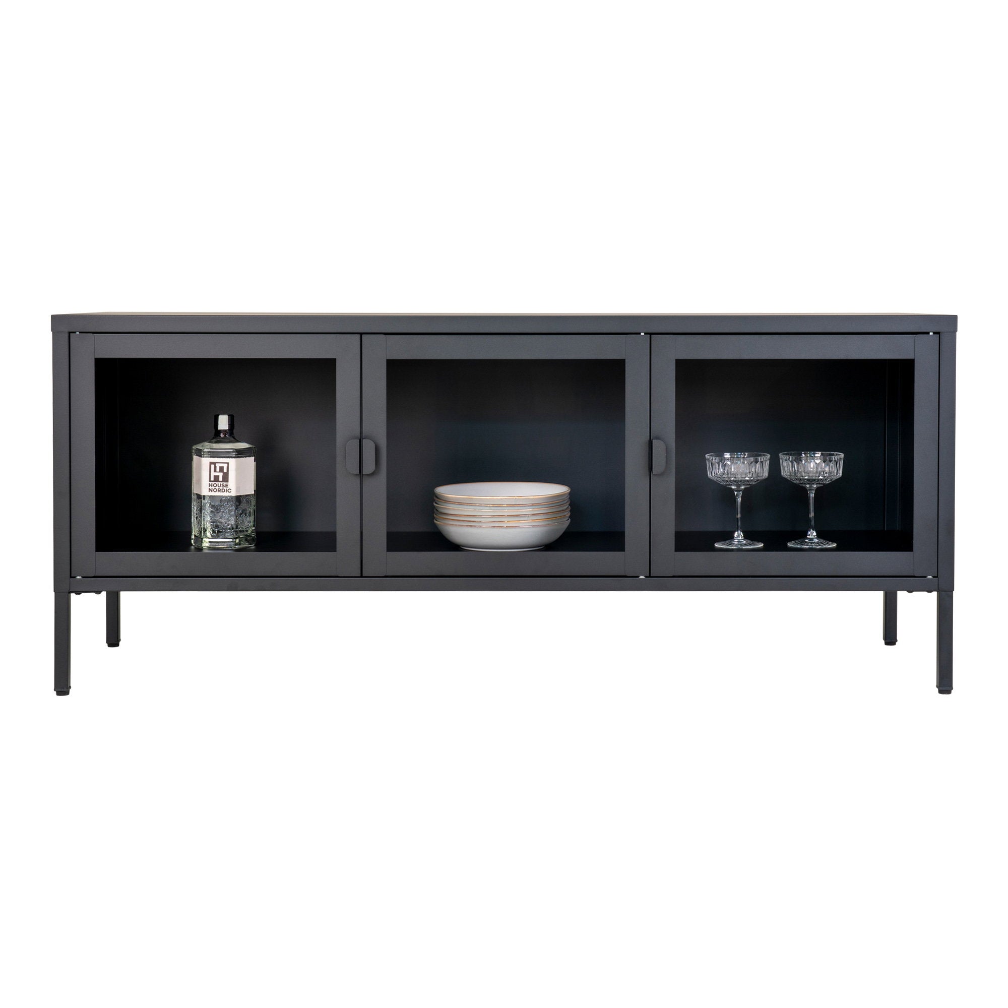Meuble TV Brisbane noir 3 portes vitrées styled vaisselle verres vue face