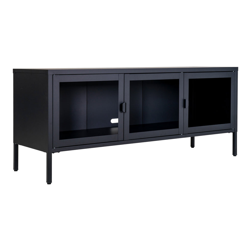 Meuble TV Brisbane noir 3 portes vitrées vue trois quarts profil